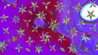 Suluboya elle çizilmiş çiçek desenli eskiz deseni. Parlak renkli fantezi çiçekleri, yapraklar, menekşe renkli tomurcuklar.