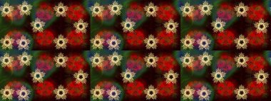 Kristal kar taneleri kahverengi, kırmızı ve yeşil renklerde. Raster illüstrasyonu.