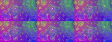 Modern çiçek arkaplanı. Moda baskıları için zarif bir şablon. Parlak renkli çiçekleri ve mor renkli yaprakları olan harika bir çiçek deseni. Halk stili.