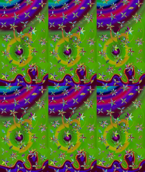 Raster illüstrasyonu. Raster deseni. Yumuşak, yeşil renkli bahar çiçekleri. Patlayan çiçekler soyut yerleştirilmiş.