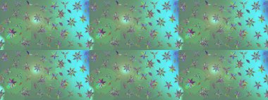 Raster illüstrasyonu. Renkli desenli eskiz deseni, yeşil çiçekler ve dekoratif elementlerle. Eskiz geçmişi. Kumaş, tekstil, duvar kağıdı baskısı için. Antika retro tarzı.