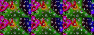 Raster illüstrasyonu. Yeşil renkli Asya tekstili. Suluboya çiçekli çiçek deseni.