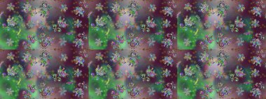 Sevimli çiçek raster deseni. Yeşil, kahverengi ve mor renkli çiçekler. Renkli Yaz Temalı Kusursuz Arkaplan. Düz Çiçek Elementleri Tasarımı.