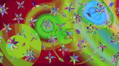 Patlayan çiçekler soyut olarak yerleştirilmiş. Raster deseni. Yumuşak, yeşil renkli bahar çiçekleri. Raster illüstrasyonu.