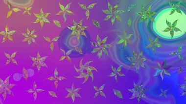 Yumuşak, mor renkte bahar çiçekleri. Raster illüstrasyonu. Çiçek ve yapraklı karalama şeklinde Raster çiçek deseni.