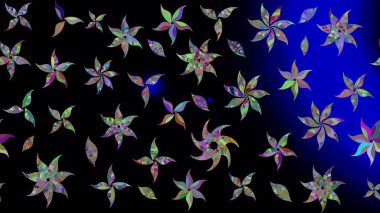 Siyah renklerde. Raster illüstrasyonu. 3D çiçekler, çizim.