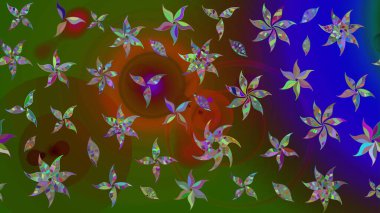 Yeşil arka planda. Çocuksu tasarım. Tekstil, kumaş, ambalaj, hatıra defteri için hoş bir çiçek arkaplanı. Elle çizilmiş karalama çiçekleri ile Raster çizim deseni.