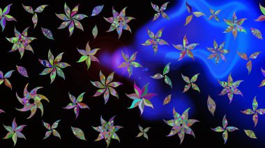 Raster hisseleri. Siyah üzerine çiçekler. Eskiz arkaplan modeli. Suluboya, elle çizilmiş.