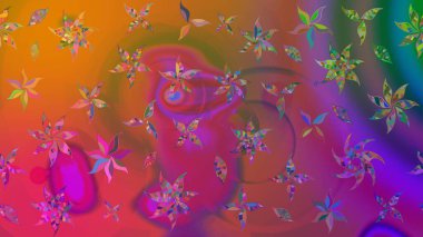 Parlak renkli fantezi çiçekleri, yapraklar mor renkli tomurcuklar. Suluboya el çizimi elementli çiçek çizimi deseni.