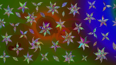 Raster düz çiçek çizim deseni. Hediye ambalaj kağıdı, tebrik kartları, posterler ve pankart tasarımı. Yeşil renkte çiçekler.