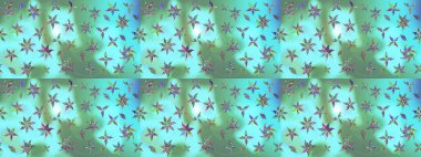 Raster - stok. Eskiz arkaplan modeli. Yapraklı çiçekler ve mavi renkli papatya çiçekleri..