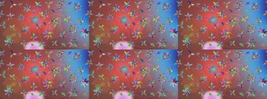 Renkli Bahar Teması eskiz kalıbı. Asya tekstil tarzında. Çiçek desenli çizim. Raster illüstrasyonu. Güzel kumaş deseni. Düz Çiçek Elementleri Tasarımı.