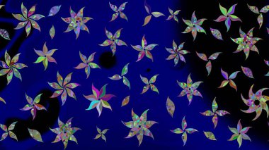 Renkli desenli eskiz deseni, mavi çiçekler ve dekoratif elementlerle. Kumaş, tekstil, duvar kağıdı baskısı için. Eskiz geçmişi. Eski usul. Raster illüstrasyonu.