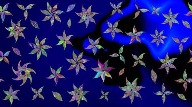 Şirin çiçekli eskiz deseni ve mavi renkli yapraklar, suluboya çiçek deseni, duvar kağıdı, kart veya kumaş için fayanslı. Raster illüstrasyonu.