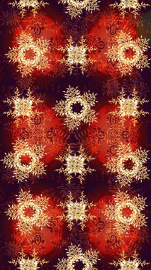 Raster illüstrasyonu. Kar tanelerinin soyut arkaplanlı Noel şablonu. Noel ve yeni yıl moda baskıları için tatil tasarımı. Kırmızı, kahverengi ve turuncu renkler.