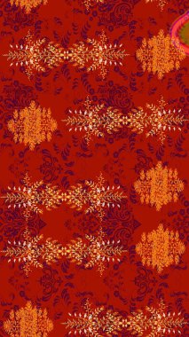 Kabile sanatı boho baskısı, klasik çiçek arkaplanı. Soyut etnik raster çizim kalıbı. Arkaplan dokusu, duvar kağıdı, kırmızı, turuncu ve mor renkli çiçek teması.