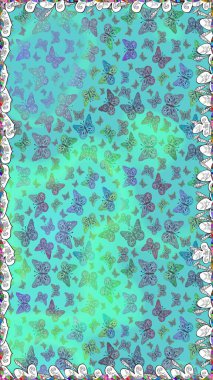 Mavi arka planda kelebek deseni var. Kumaş, Tekstil, Baskı ve Davetiye için arka plan. Raster illüstrasyonu.