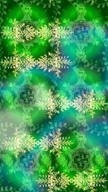 Yeşil, mavi ve nötr renklerde şirin soyut kar tanesi raster tasarımı. Yeni yıl kar tanesi. Düz kar karalama ikonları, kar taneleri silueti Noel afişi için, kartlar.