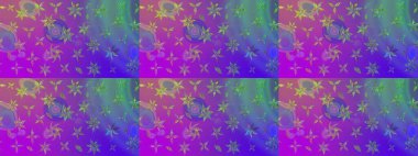 Çok renkli, zarif küçük çiçekler ve mor renkli komik böcekler, raster deseni, illüstrasyon..