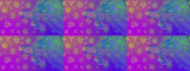 Varicoloet raster çizimi. Birçok menekşe ve soyut çiçekli tropik çizim deseni. Küçük çiçekte sevimli çiçek deseni var..