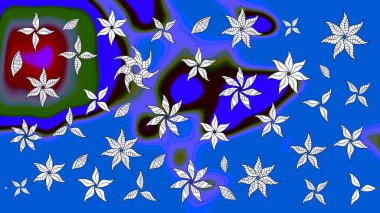 Elle çizilmiş çiçek desenli Raster çizimi. Çocuksu tasarım. Tekstil, kumaş, ambalaj, hatıra defteri için hoş bir çiçek arkaplanı. Mavi arkaplanda.