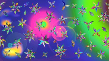 Raster illüstrasyonu. Çiçek ve yapraklı karalama şeklinde Raster çiçek deseni. Yumuşak, bahar çiçekleri mavi renklerde.