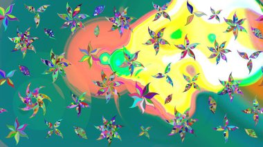 Halk tarzı. Parlak renkli çiçekleri ve mavi yaprakları olan harika bir çiçek deseni. Moda baskıları için zarif bir şablon. Modern çiçek arkaplanı.