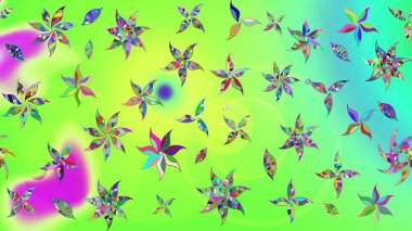 Yeşil renkli çiçekler. Raster illüstrasyonu. Çiçek desenli eskiz, vuruşlar, sıçramalar, yaz çiçekleri..