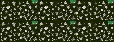 Yapraklı çiçekler ve kır renkli papatya çiçekleri. Raster - stok. Taslak arkaplan deseni.