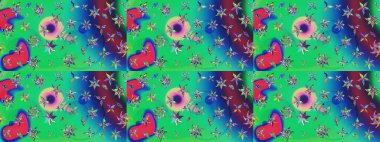 Raster illüstrasyonundaki çiçek desenli çizim. Düz Çiçek Elementleri Tasarımı. Renkli Bahar Teması eskiz kalıbı. Yeşil renkte çiçekler.