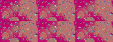 Raster Çiçek İllüstrasyonu güzel tekstil. Pembe renkli etnik çiçeklerle süslenmiş zarif bir eskiz..