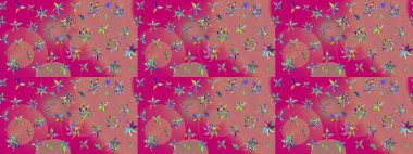 Raster Çiçek İllüstrasyonu güzel tekstil. Pembe renkli etnik çiçeklerle süslenmiş zarif bir eskiz..