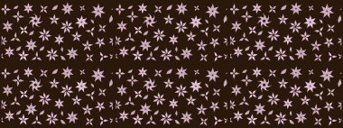 Suluboya elle çizilmiş çiçek desenli eskiz deseni. Parlak renkli fantezi çiçekleri, yapraklar, kahverengi renkli tomurcuklar, kahverengi.