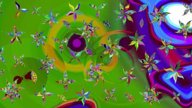 Nazik, narin çiçek arkaplanı. Çiçekli karalama şeklinde Raster çiçek deseni. Yeşil renkte çiçekler.