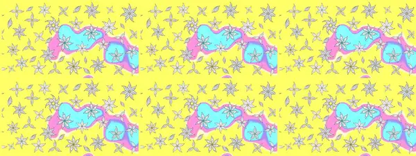 Renkli Bahar Teması eskiz kalıbı. Sarı renkli şirin çiçek desenleri. Düz Çiçek Elementleri Tasarımı. Raster Modaya uygun kumaş deseni.