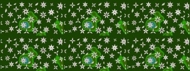 Çok yeşil zarif küçük çiçekler ve yeşil renkli komik böcekler, raster desen, illüstrasyon.