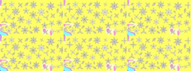 Renkli Yaz Temalı eskiz kalıbı. Sevimli çiçek raster deseni. Sarı renkli çiçekler. Düz Çiçek Elementleri Tasarımı.
