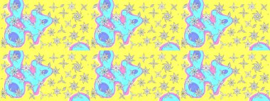 Raster illüstrasyonu. Kumaş, tekstil, duvar kağıdı baskısı için. Eskiz geçmişi. Renkli desenli eskiz deseni, sarı çiçekler ve dekoratif elementlerle. Antika retro tarzı.