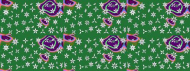 Raster düz çiçek çizim deseni. Hediye ambalaj kağıdı, tebrik kartları, posterler ve pankart tasarımı. Yeşil renkte çiçekler.