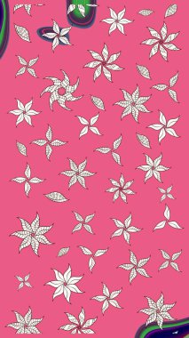 Parlak renkli çiçekleri ve pembe renkli yaprakları olan harika bir çiçek deseni. Moda baskıları için zarif bir şablon. Modern çiçek arkaplanı. Halk stili.