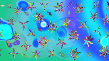 Raster düz çiçek çizim deseni. Hediye ambalaj kağıdı, tebrik kartları, posterler ve pankart tasarımı. Mavi renkte çiçekler.