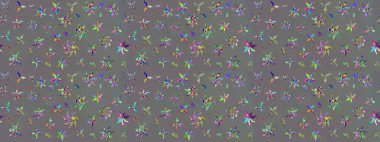 Şirin çiçekli eskiz deseni ve gri renkli yapraklar, suluboya çiçek deseni, duvar kağıdı, kart veya kumaş için fayanslı. Raster illüstrasyonu.