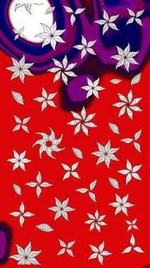 Bir sürü kırmızı ve soyut çiçekli tropik eskiz deseni. Renkli raster çizimi çizimi. Küçük çiçekte sevimli çiçek deseni var..