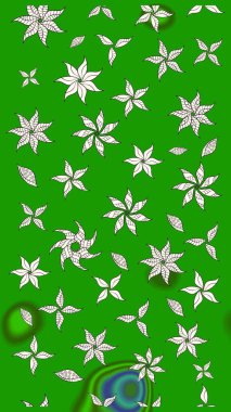 Çiçek desenli çizim. Raster illüstrasyonu. Asya tekstil tarzında. Raster illüstrasyonu. Yeşil renkte çiçekler.