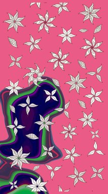 Raster çiçek desenli çiçek deseni, yapraklar, dekoratif elementler, sıçrama, lekeler, el çizimi kontur çizgileri ve Doodle çizim stili, grafik raster çizim çizimi.