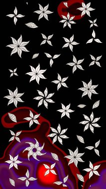 Eskiz geçmişi. Eski usul. Kumaş, tekstil, duvar kağıdı baskısı için. Renkli desenli eskiz deseni, siyah çiçekler ve dekoratif elementlerle. Raster illüstrasyonu.