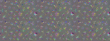 Şirin çiçekli eskiz deseni ve gri renkli yapraklar, suluboya çiçek deseni, duvar kağıdı, kart veya kumaş için fayanslı. Raster illüstrasyonu.