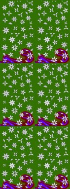 Çok yeşil zarif küçük çiçekler ve yeşil renkli komik böcekler, raster desen, illüstrasyon.