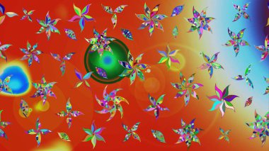 Turuncu renklerde bahar çiçekleri. Çiçek ve yapraklı karalama şeklinde Raster çiçek deseni. Raster illüstrasyonu.