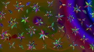 Suluboya elle çizilmiş çiçek desenli eskiz deseni. Parlak renkli fantezi çiçekleri, yapraklar, kahverengi renkli tomurcuklar, kahverengi.